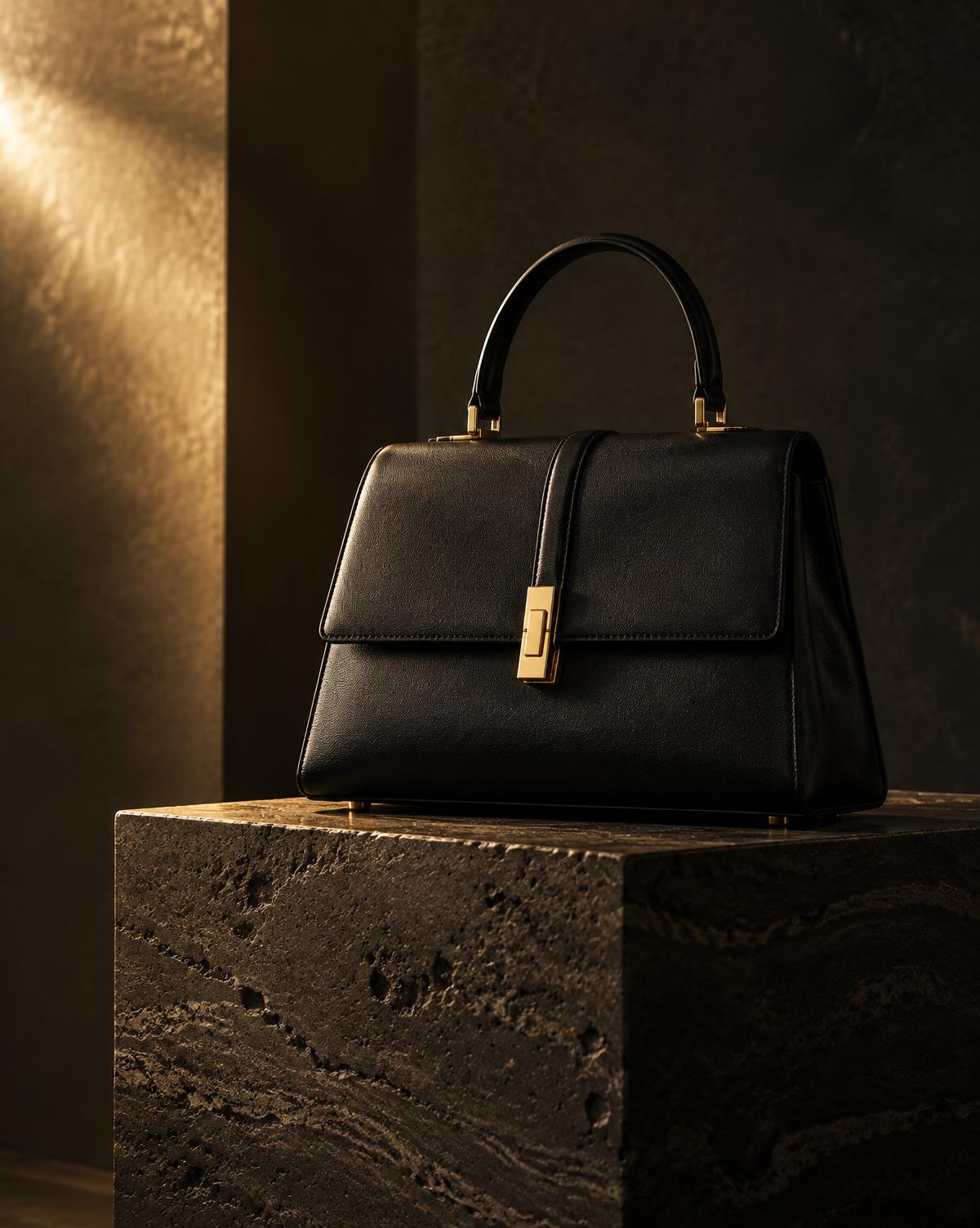 Black top-handle bag on a stone plinth