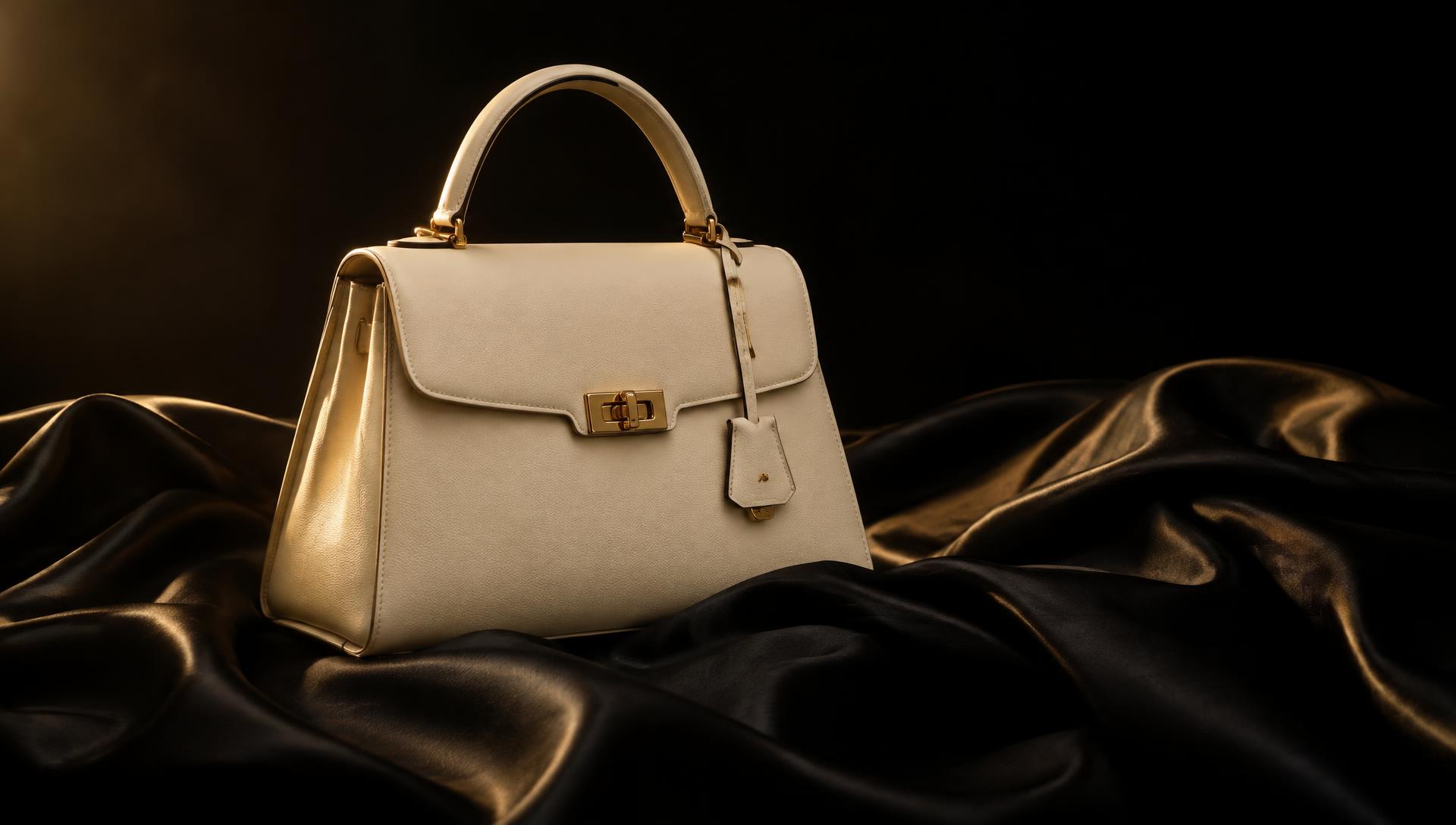 AURELLE & CO cream top-handle bag on dark silk